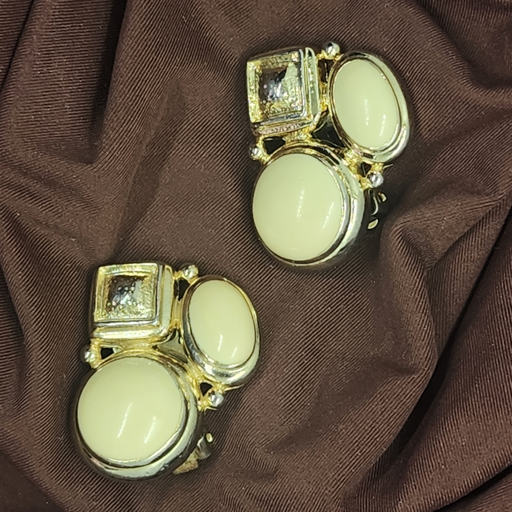 Vintage Givenchy Brilliant Cream Enamel Clip on Earrings